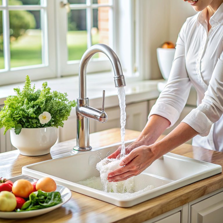 sink, faucet, kitchen, cleaning, modern, house, that, design, fountain, washing, hygiene, woman, architectural, white, vegetable, greens, ai created